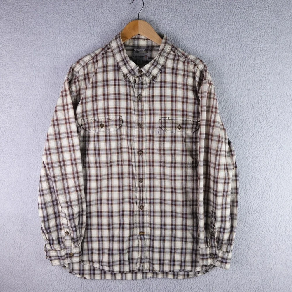 Carhartt Mens Relaxed Fit Plaid Long Sleeve Button Down Shirt Brown 2XL